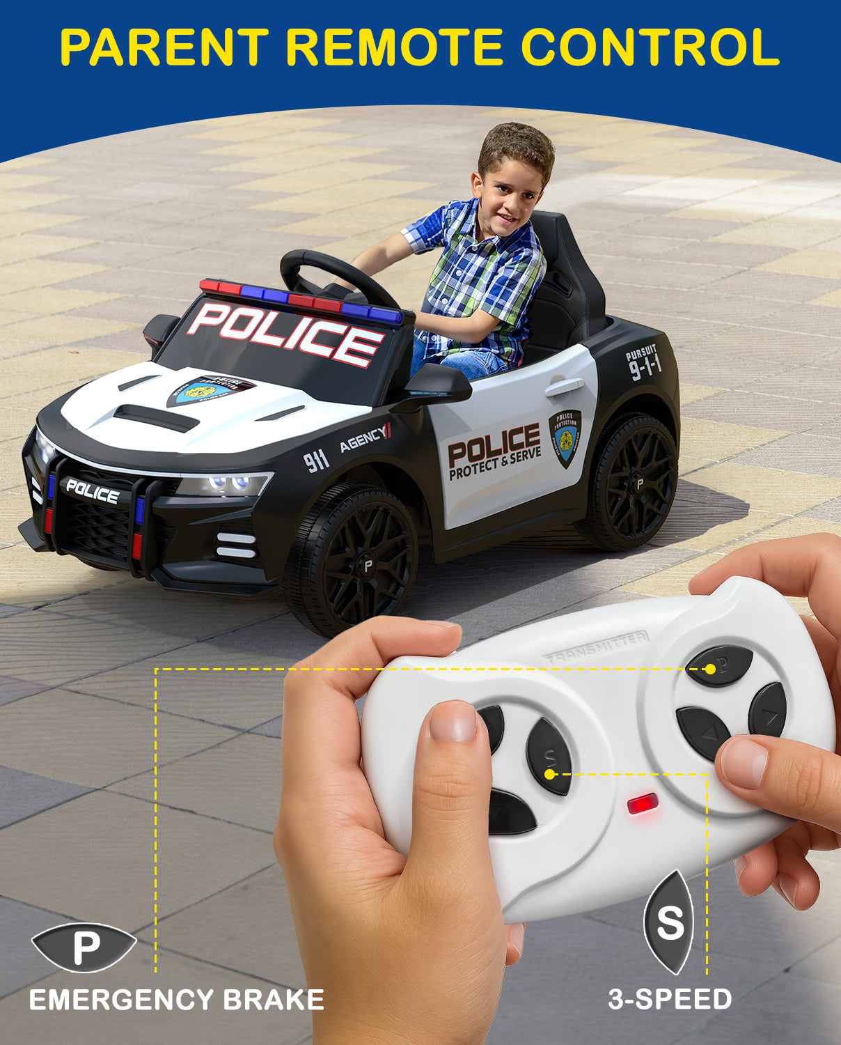 Child playing with a toy police car and remote control on a pavement.