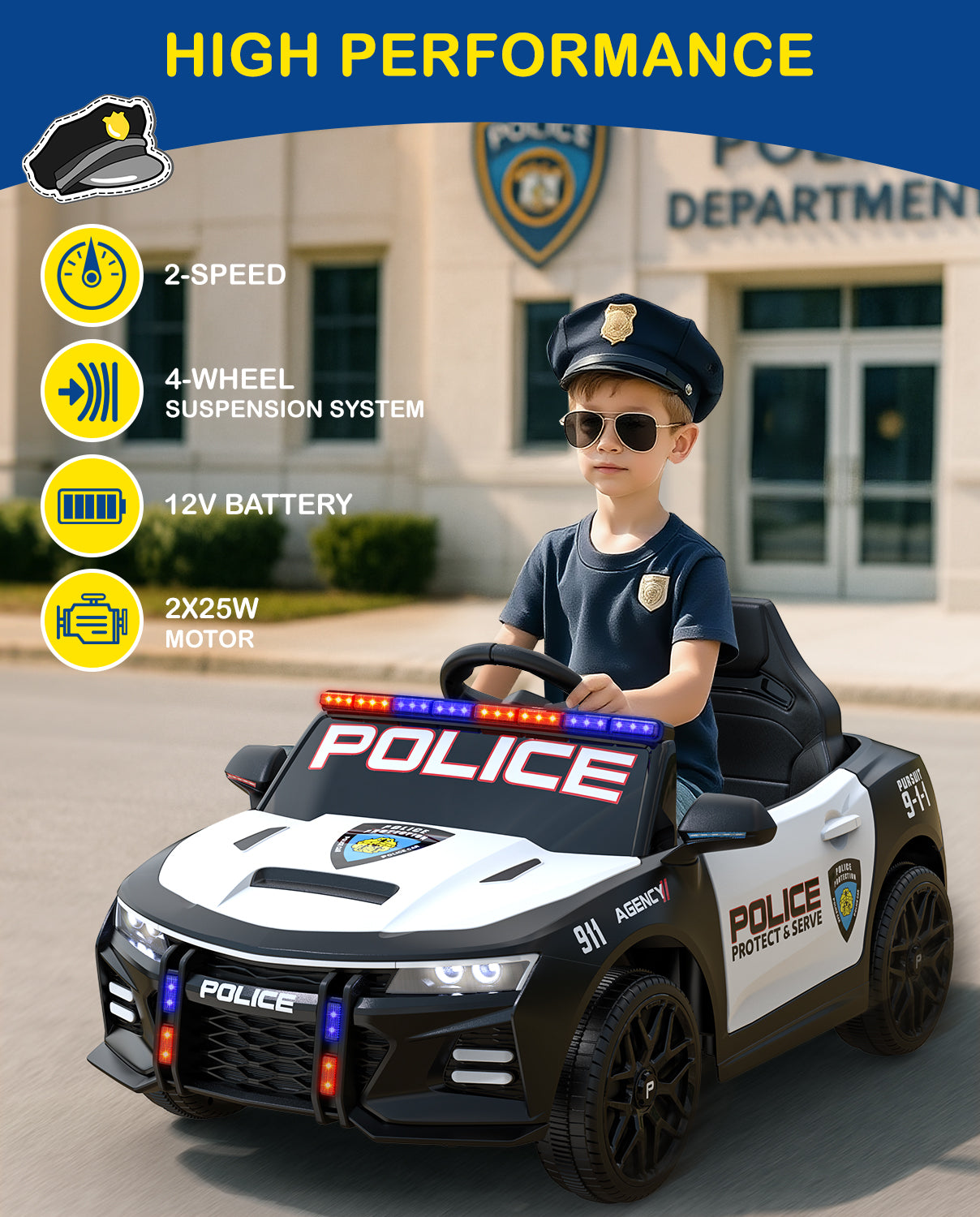 Child in police costume driving a toy police car with features listed above.
