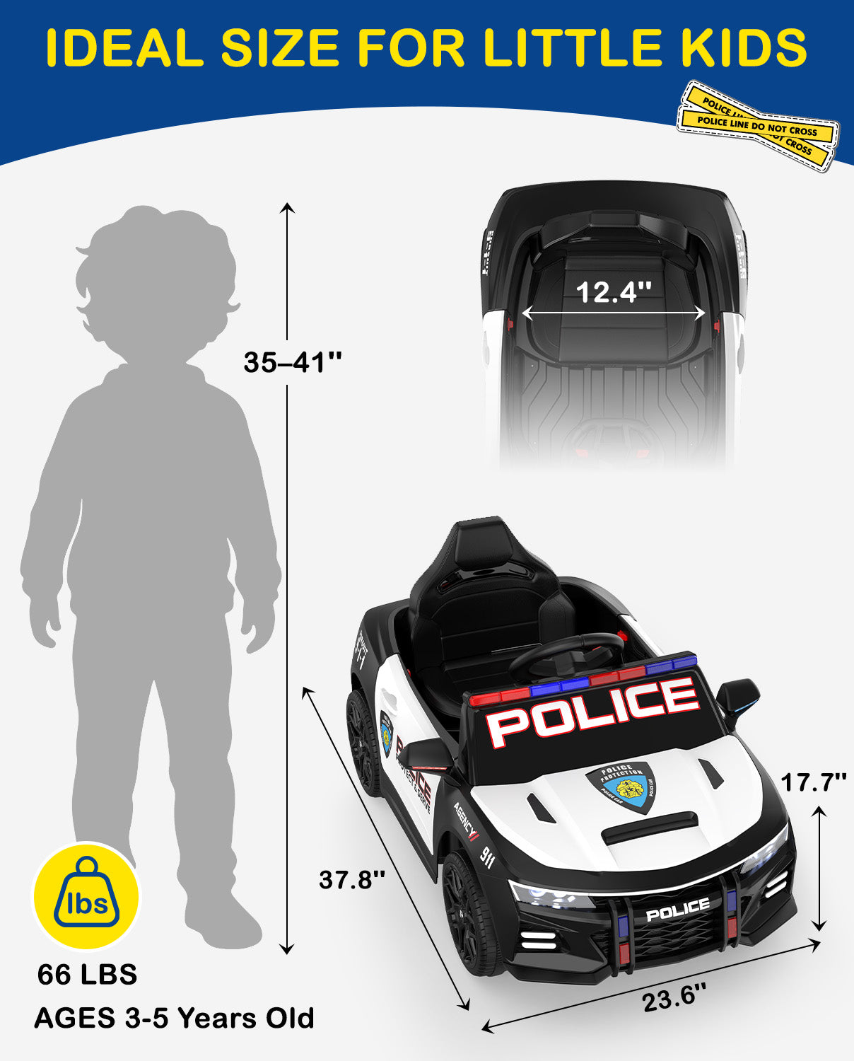 Toy police car with dimensions and child silhouette indicating ideal size for little kids.