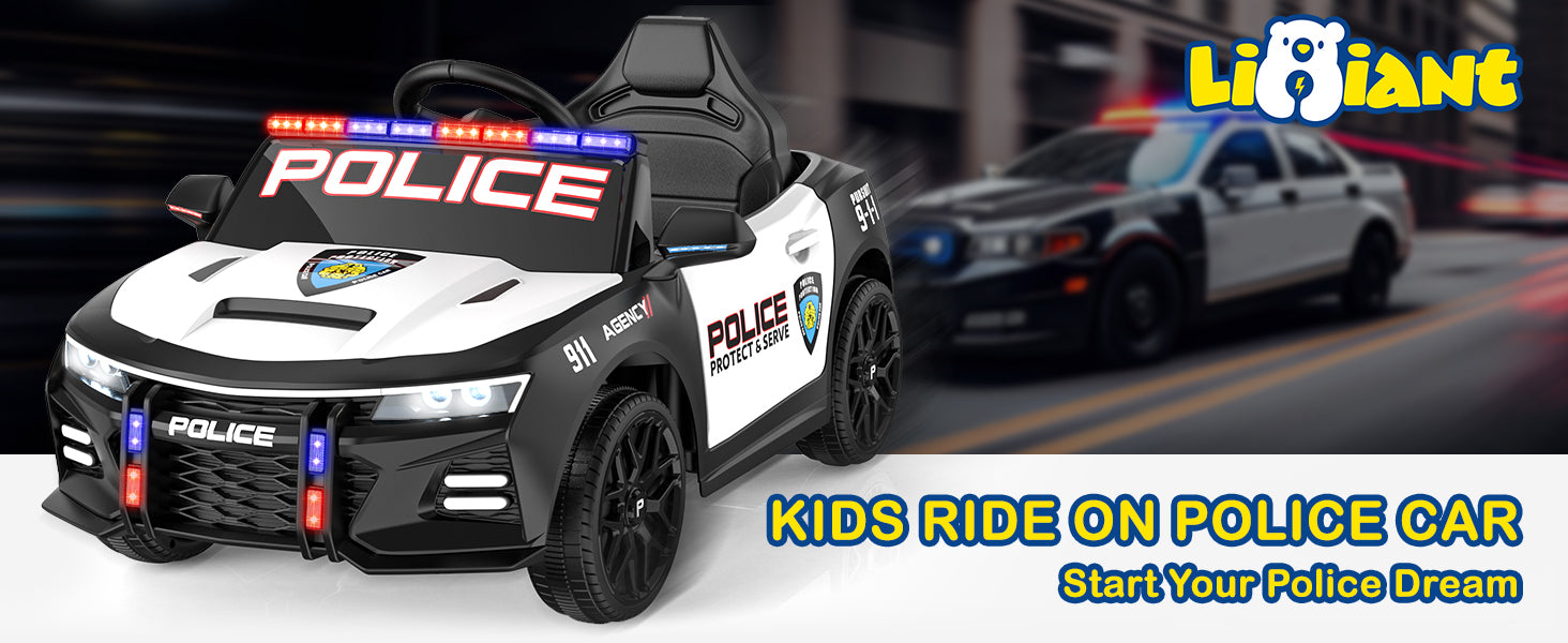 Children's ride-on police car with police lights and sirens on a dark background.