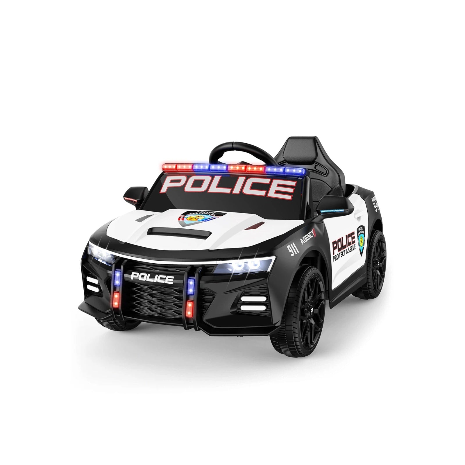 Toy police car with lights and sirens on a white background
