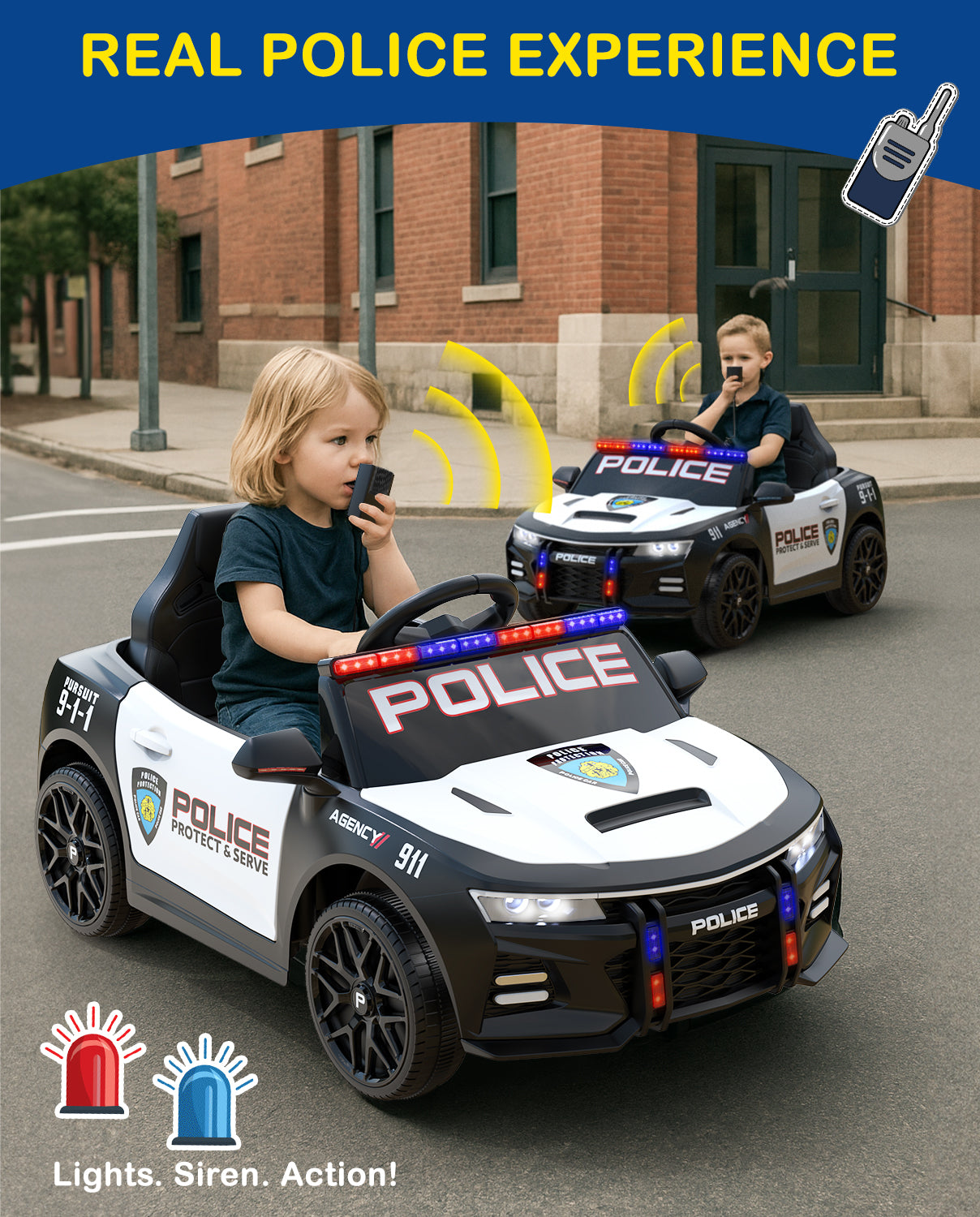 Children playing with toy police cars on a street, with 'Real Police Experience' text and toy radio.