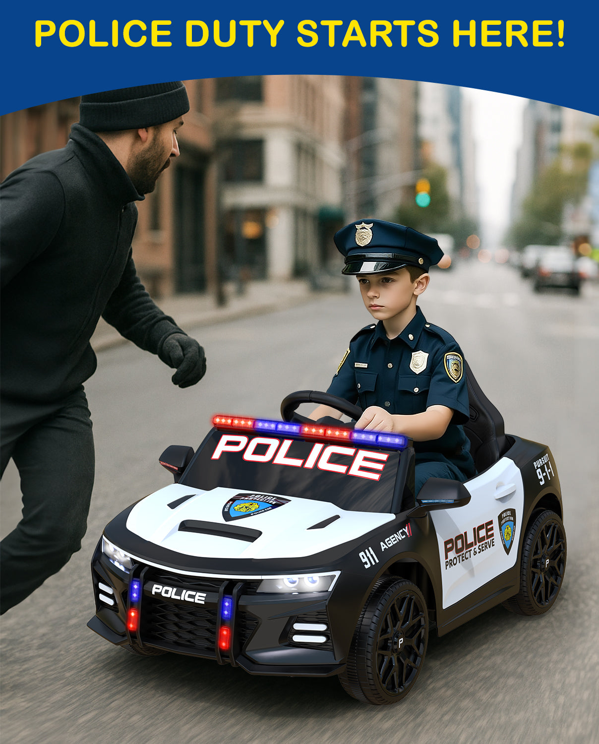 Child in a police costume sitting in a toy police car with a man pushing it, on a city street.