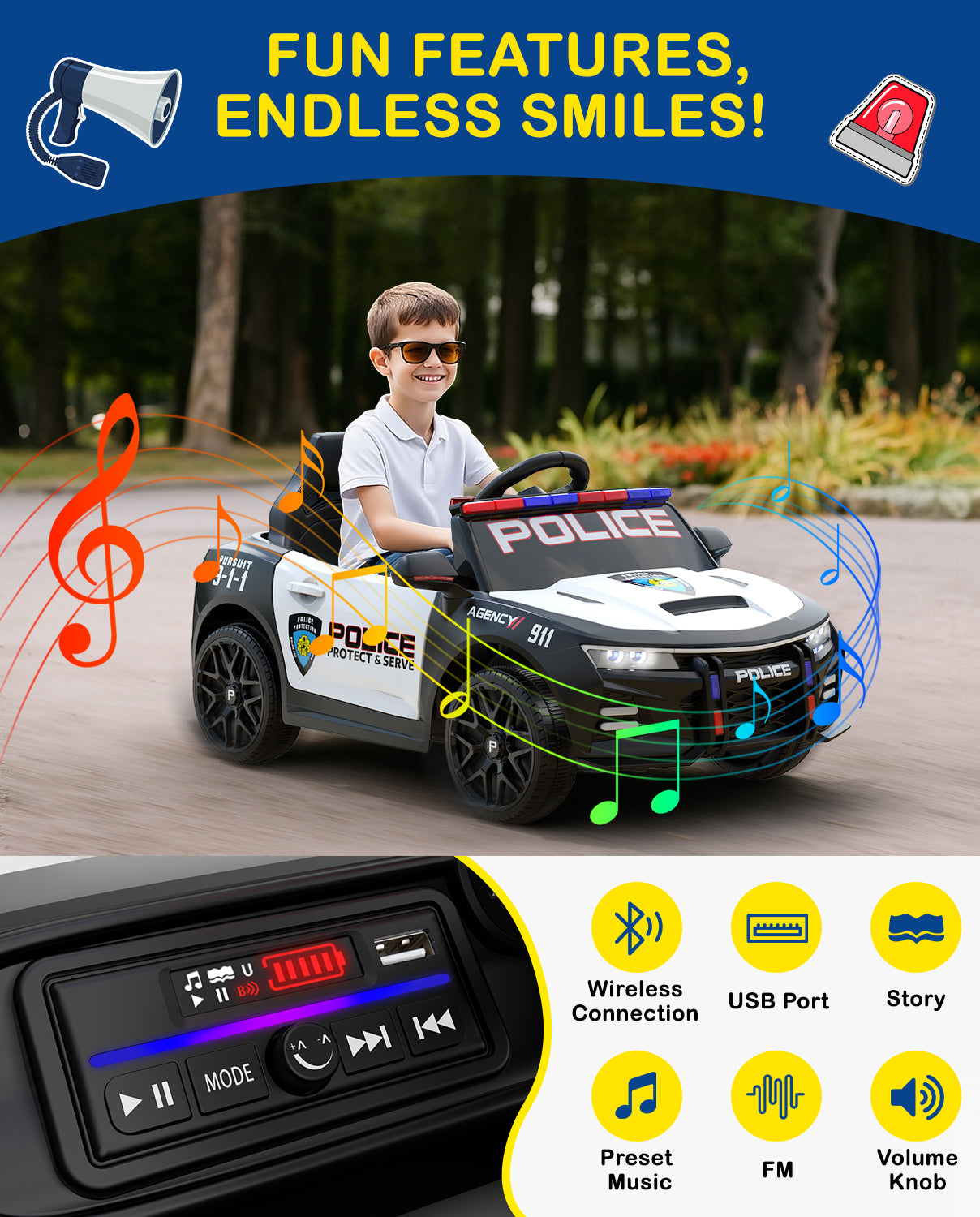 Child in a toy police car with fun features and endless smiles text, surrounded by musical notes and a megaphone.