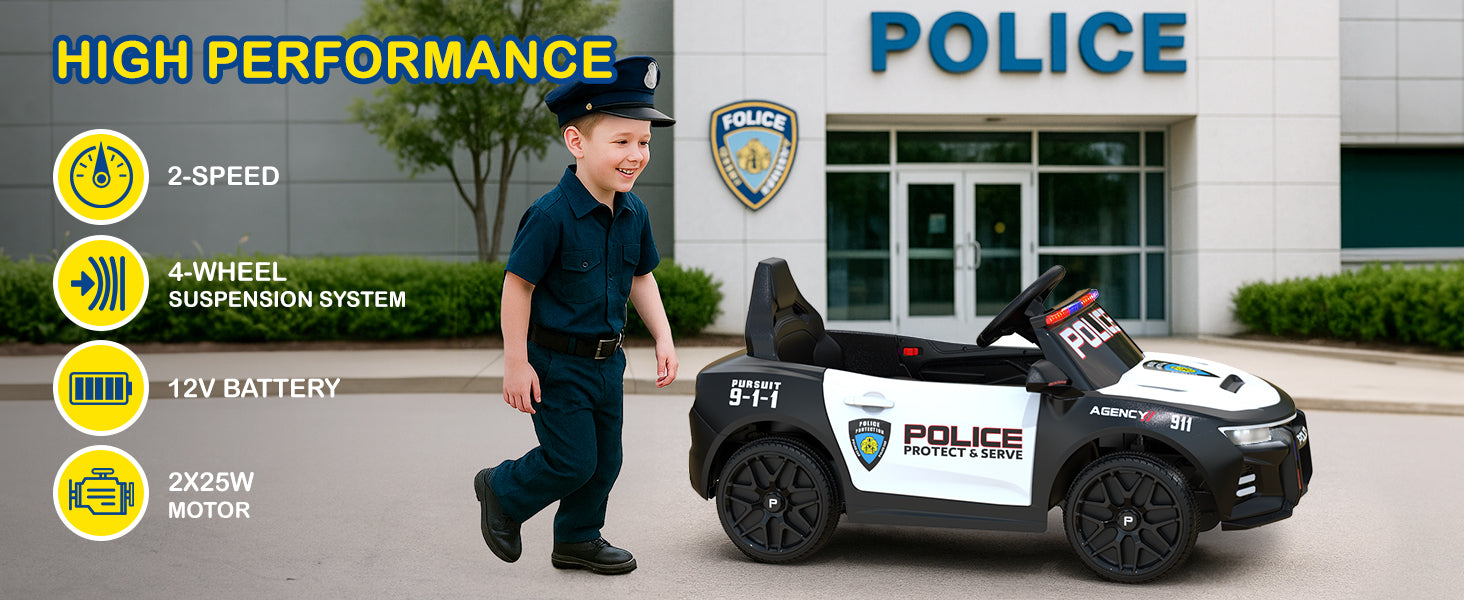 Child in police uniform standing next to a toy police car with features highlighted.