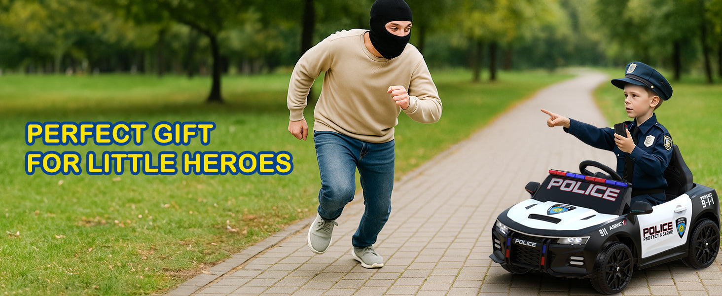Man and child with a toy police car in a park, labeled 'Perfect Gift for Little Heroes'.