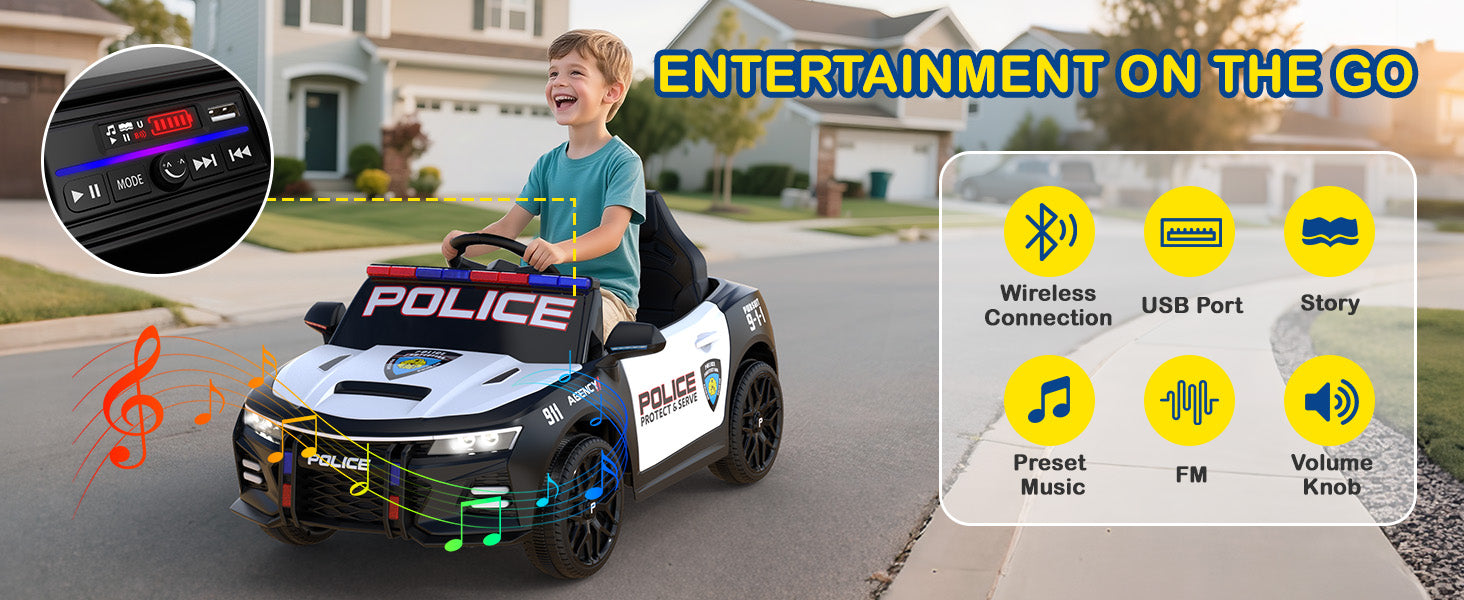 Child playing with a toy police car on a residential street, with features highlighted on the right side.