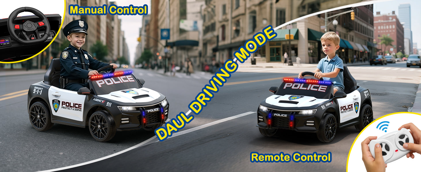 Two children in toy police cars with controls and a city street background.