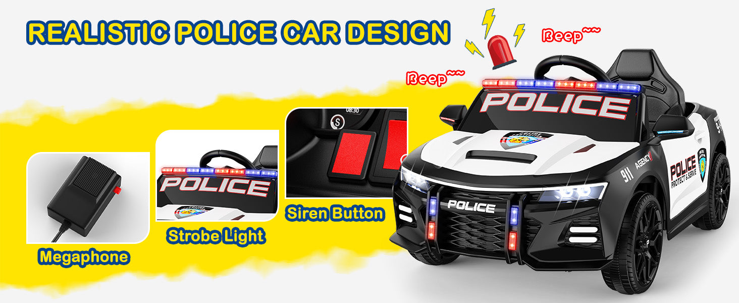 Children's toy police car with realistic design features on a yellow background