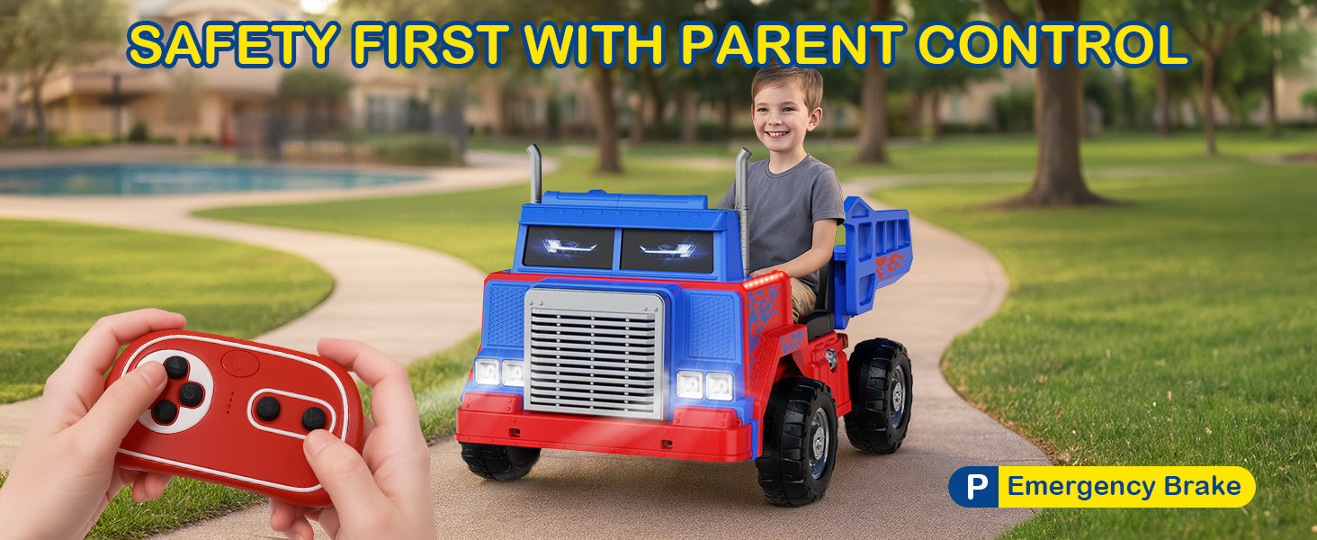 Child playing with a toy truck and remote control in a park, with text 'Safety First with Parent Control'.