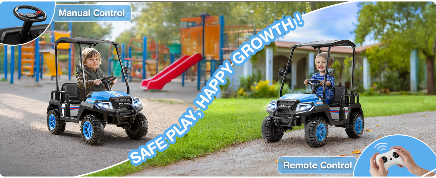 Two children playing with ride-on car on a playground, with text about safe play and growth