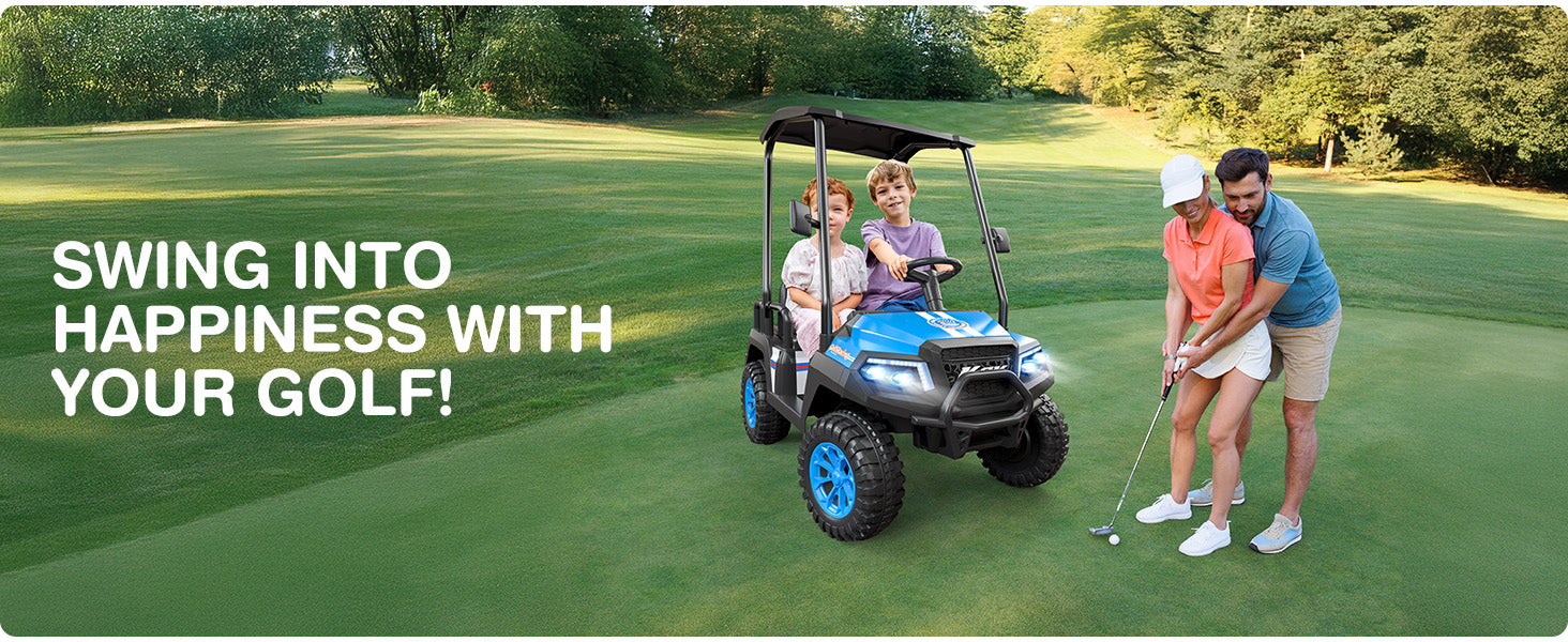 Family on a golf course with a golf cart, text 'Swing into Happiness with Your Golf!'.