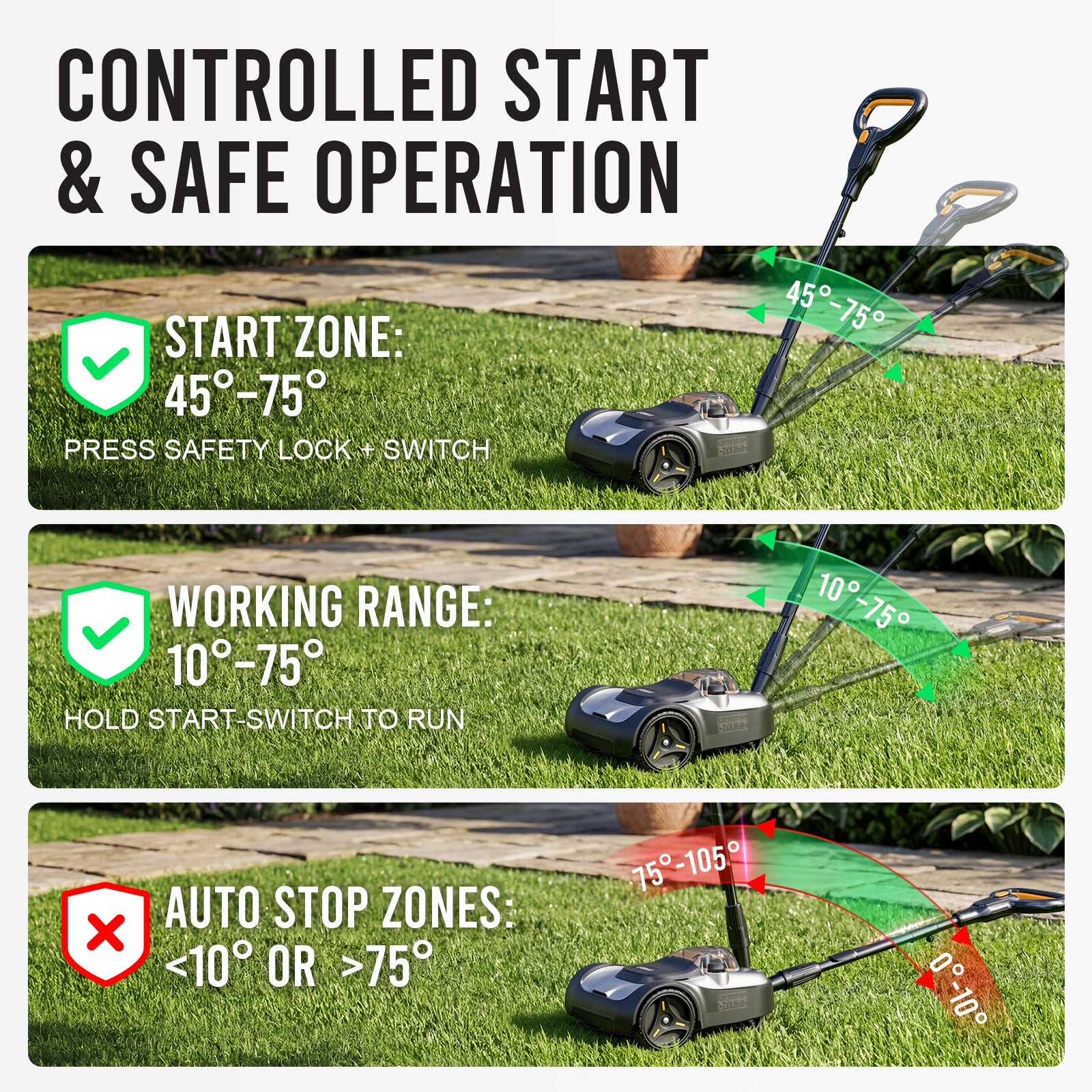 Lawn mower with safety features displayed on a grassy background