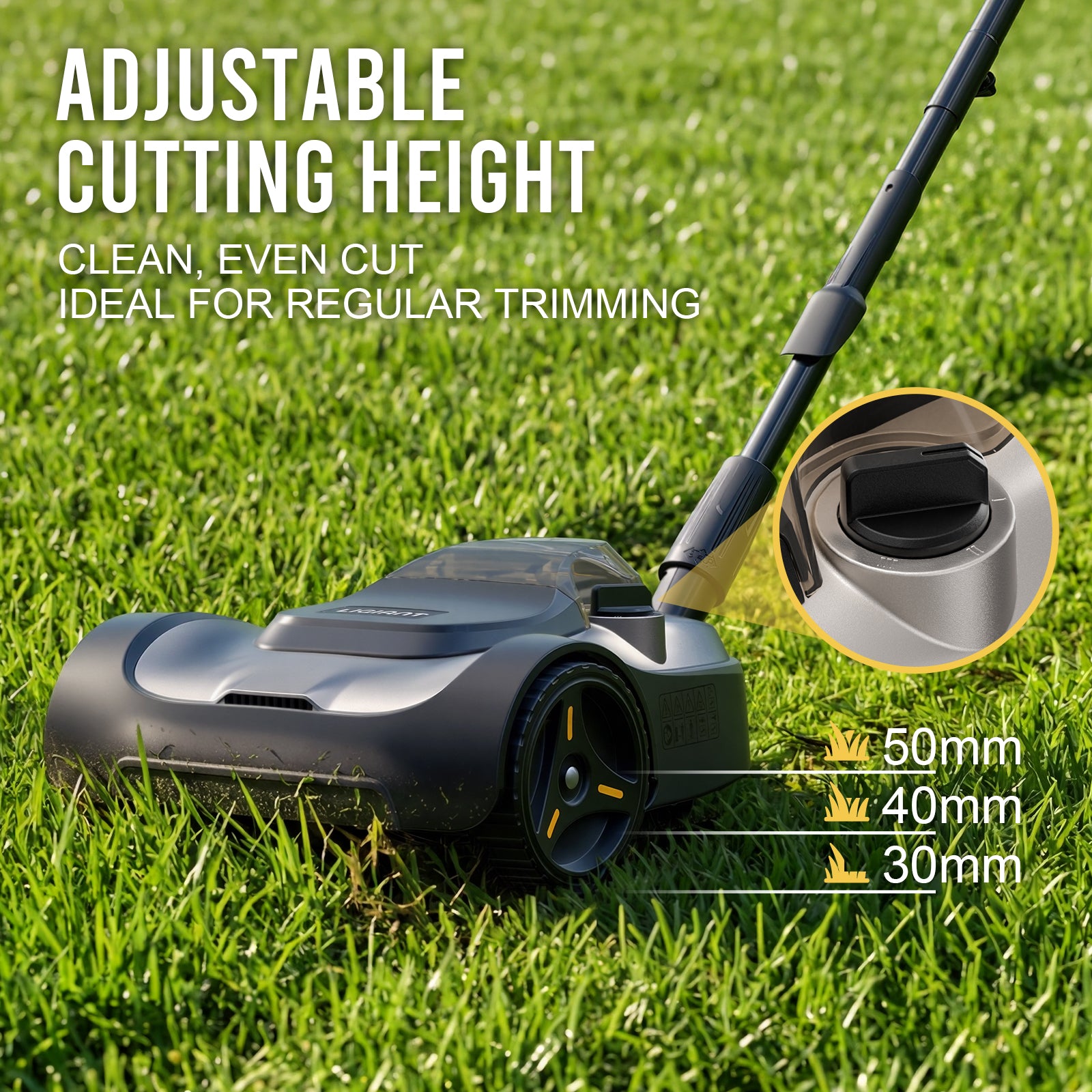 Garden lawn mower on grass with adjustable cutting height feature highlighted