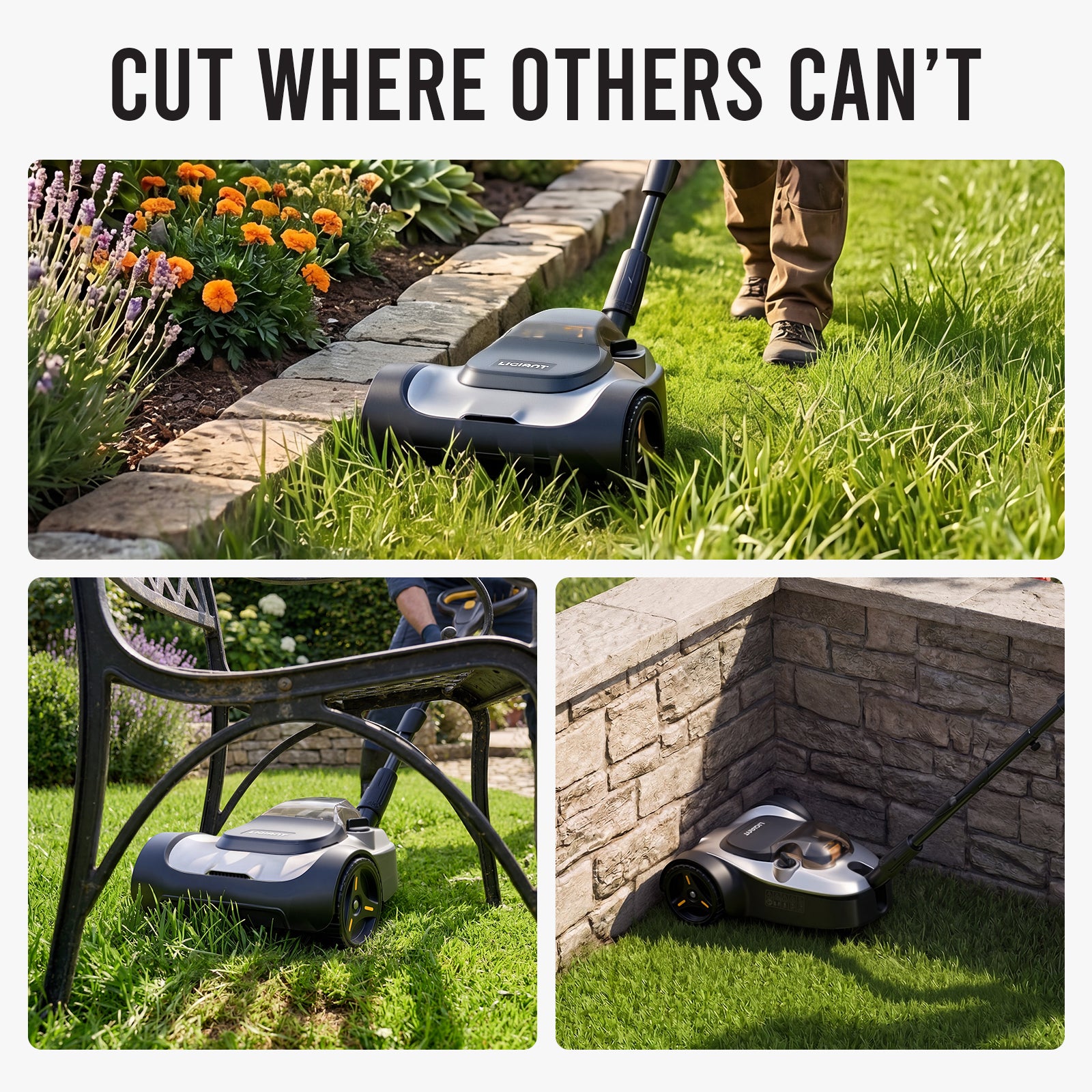Electric lawn mower in action on various types of grass and obstacles.