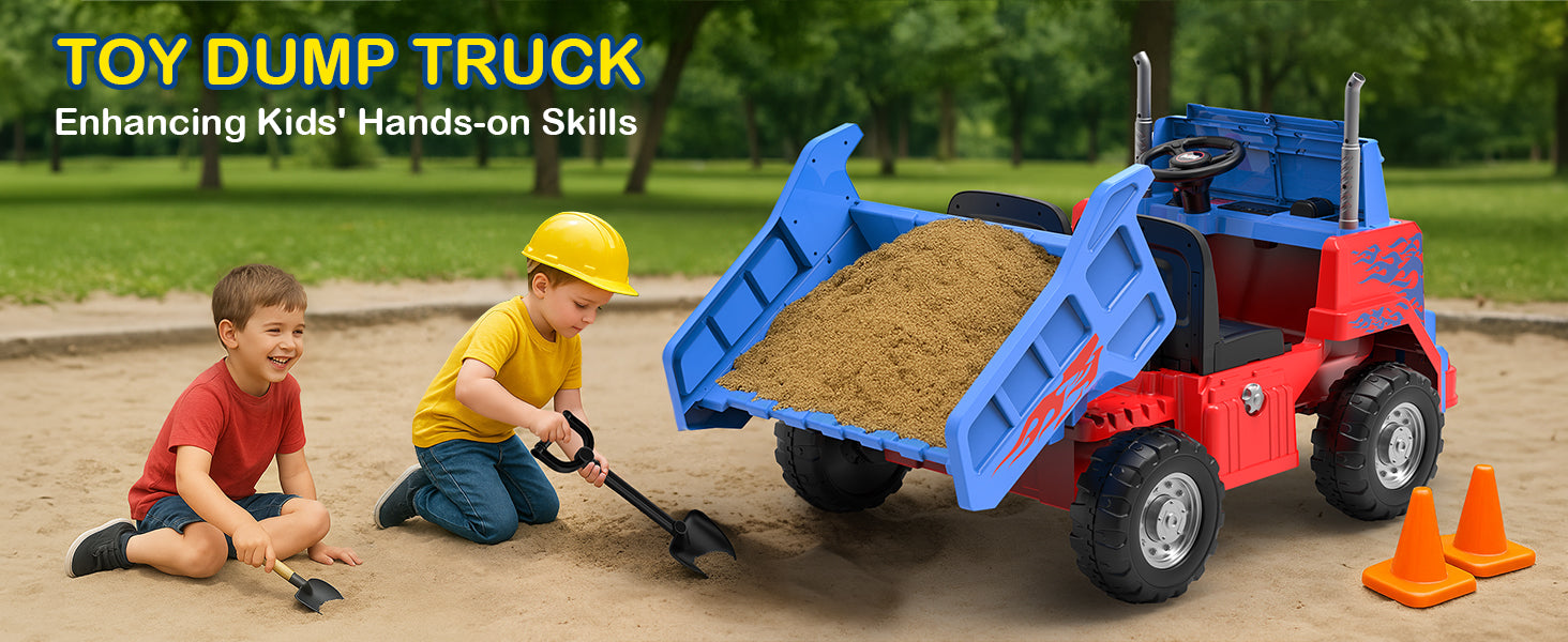 Two children playing with a toy dump truck in a park setting.