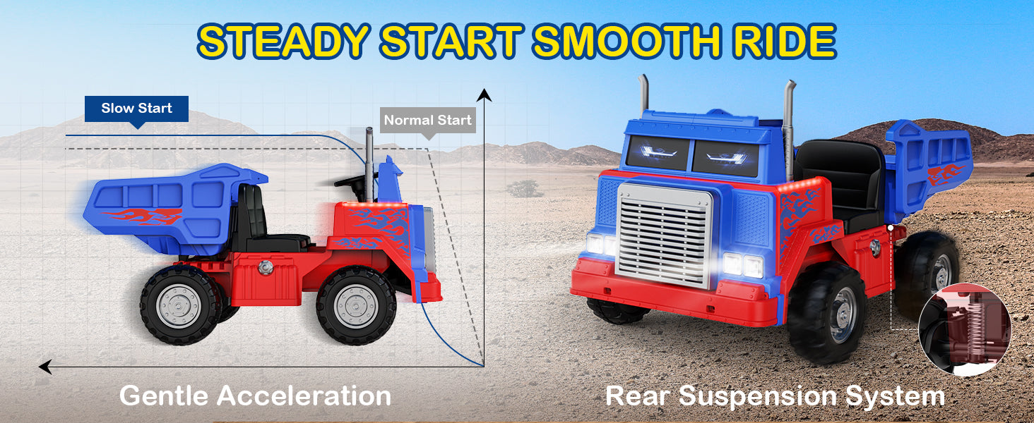 Toy dump truck with features highlighted on a desert background