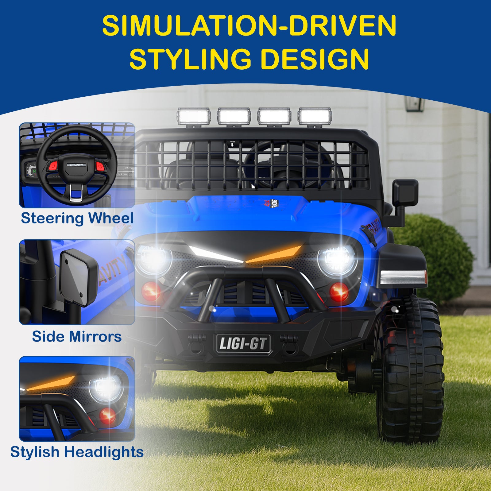 Blue off-road vehicle with steering wheel, side mirrors, and headlights displayed on a grassy area.