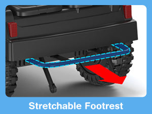 Stretchable footrest attached to a vehicle with a blue border