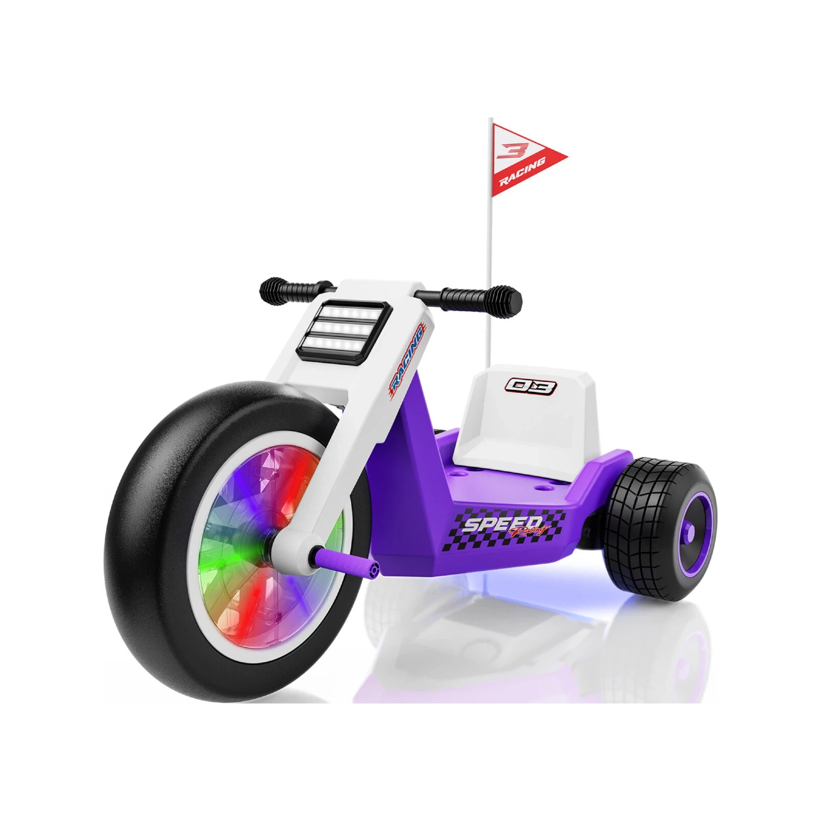 Children's balance bike with colorful wheel and purple seat on a white background