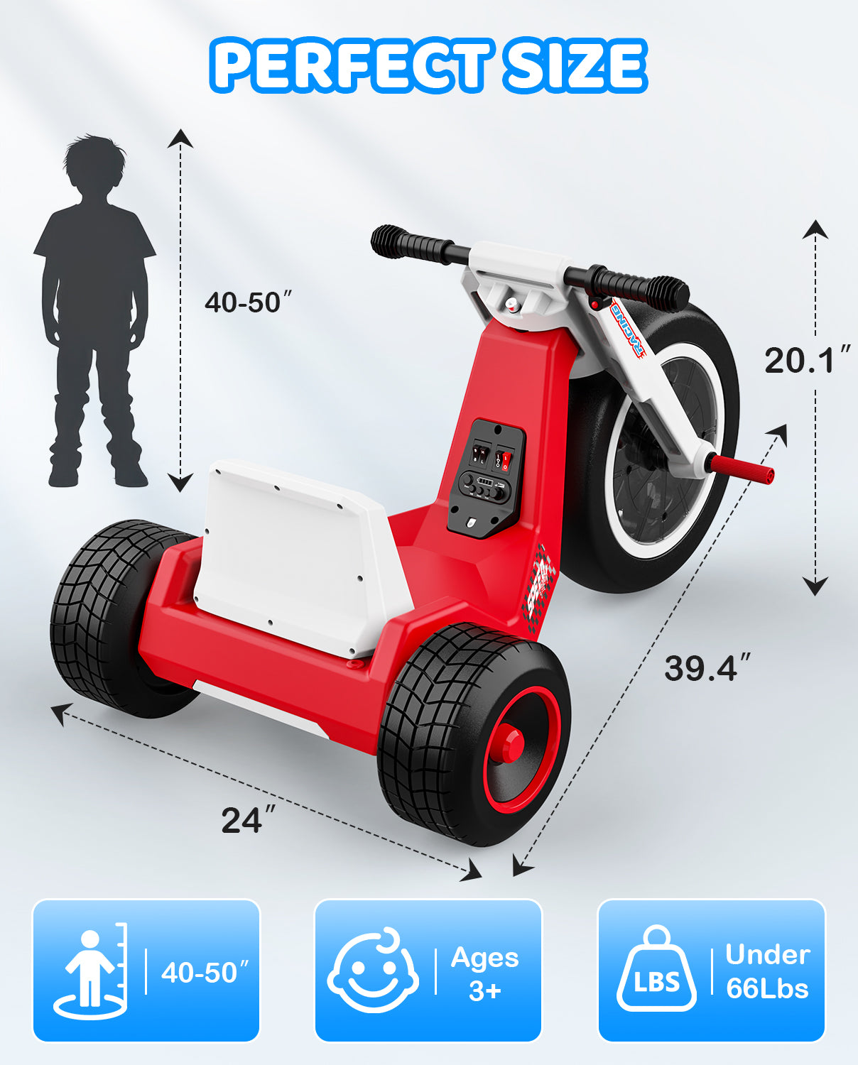 Dimension chart for the T7 electric tricycle showing 39.4 inch length and a maximum weight capacity of 66 lbs