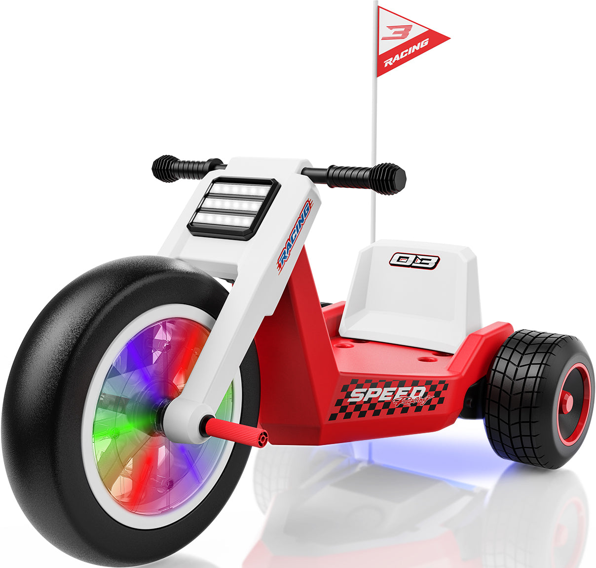 LIGIANT T7 Apex 24V kids electric tricycle in red and white featuring a large LED light-up front wheel and racing flag