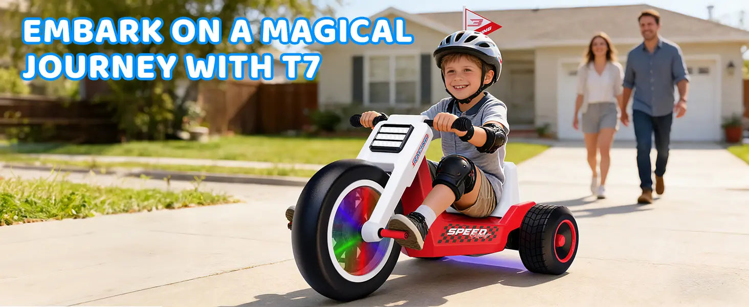 A smiling boy wearing a helmet and safety pads riding the T7 kids electric tricycle on a paved pathway with parents watching