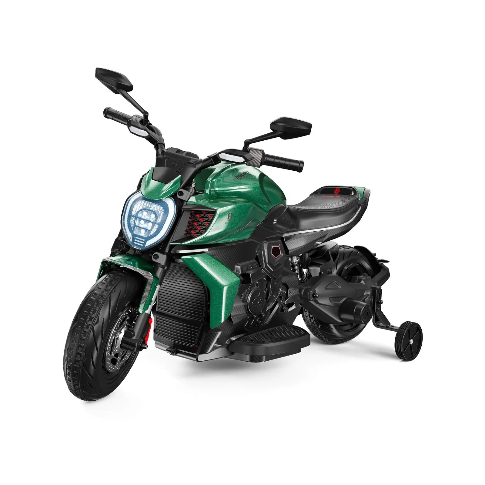 Green and black toy motorcycle on a white background