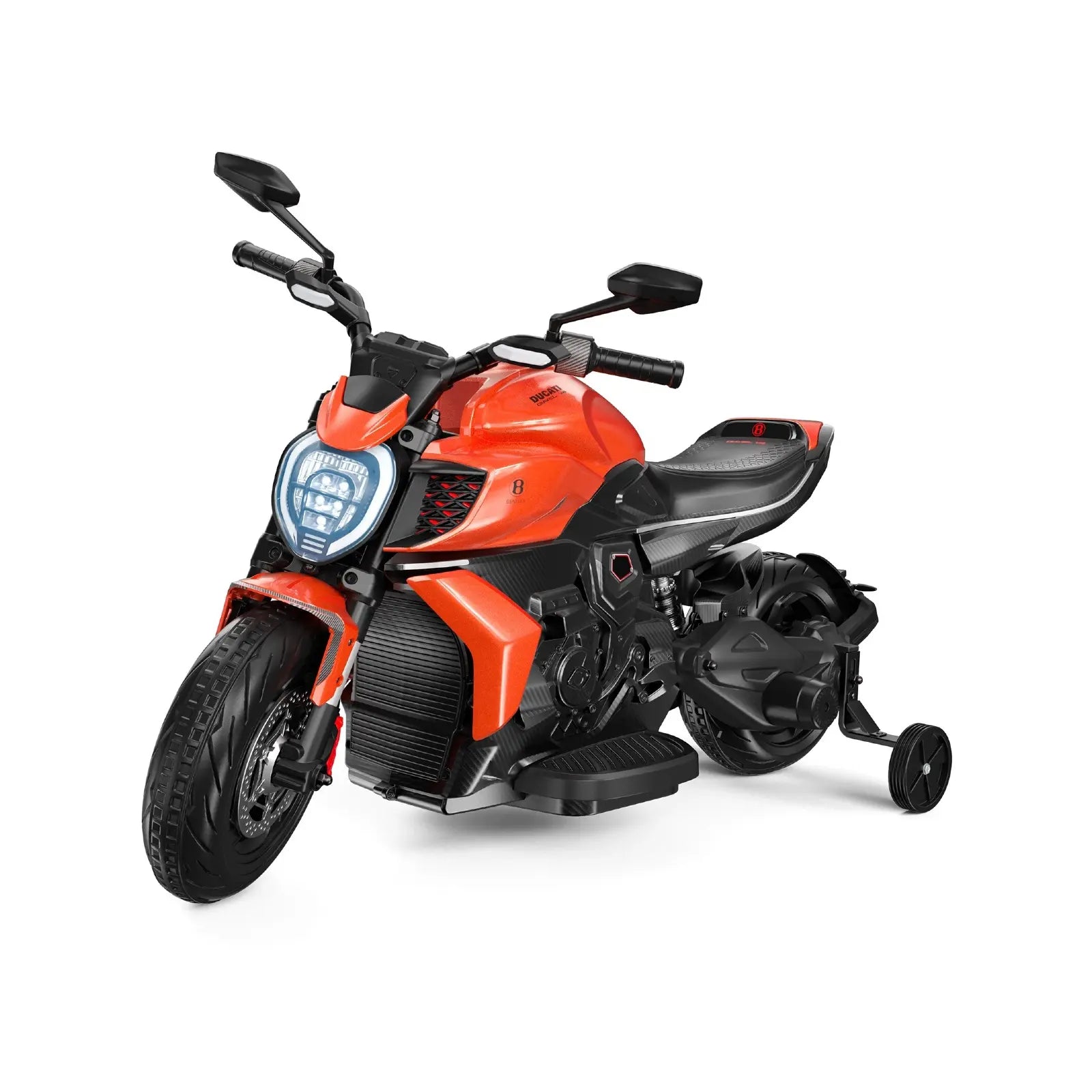 Orange and black toy motorcycle on a white background