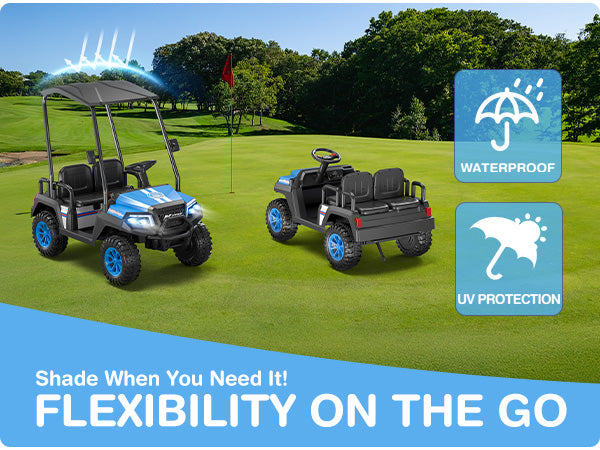 Two golf carts on a golf course with waterproof and UV protection features highlighted.